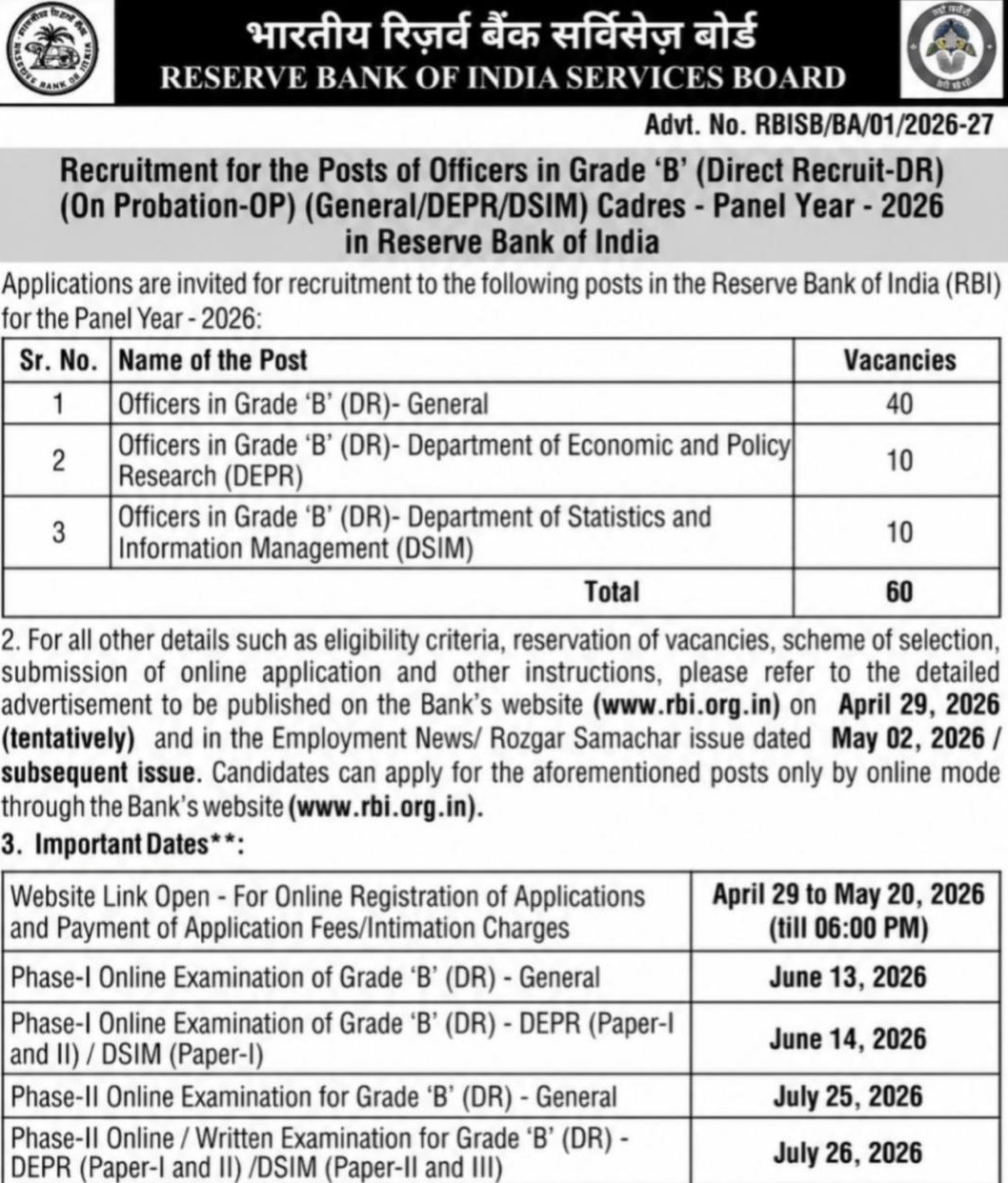 RBI Grade B Newspaper Advertisment 2025