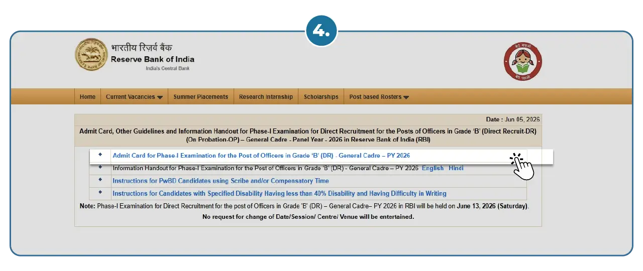 RBI Grade B admit card download step 4 Step 3 - Download RBI Grade B Phase 2 Admit Card